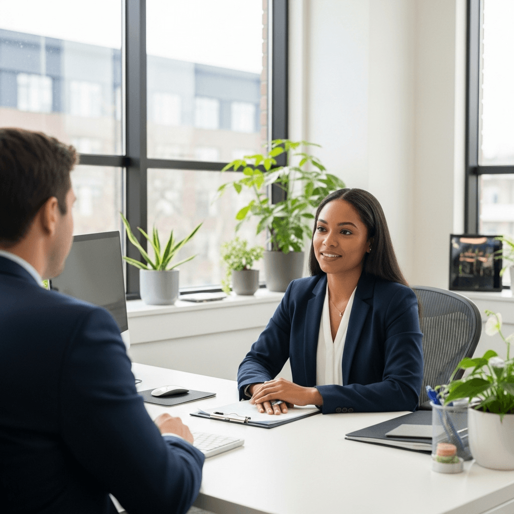 Professional insurance agent consulting with a client about coverage options in a welcoming office setting