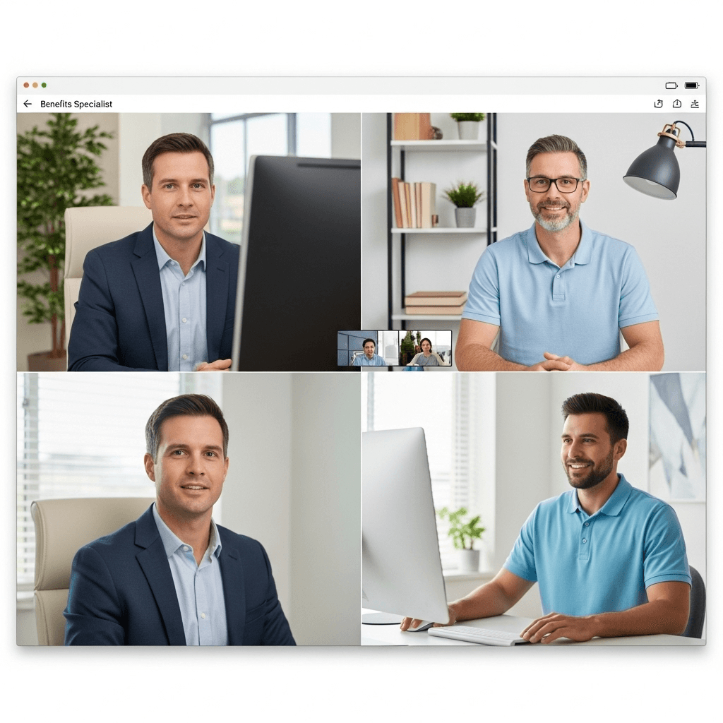 Licensed benefits specialist on video call providing personalized guidance to a client from a professional home office